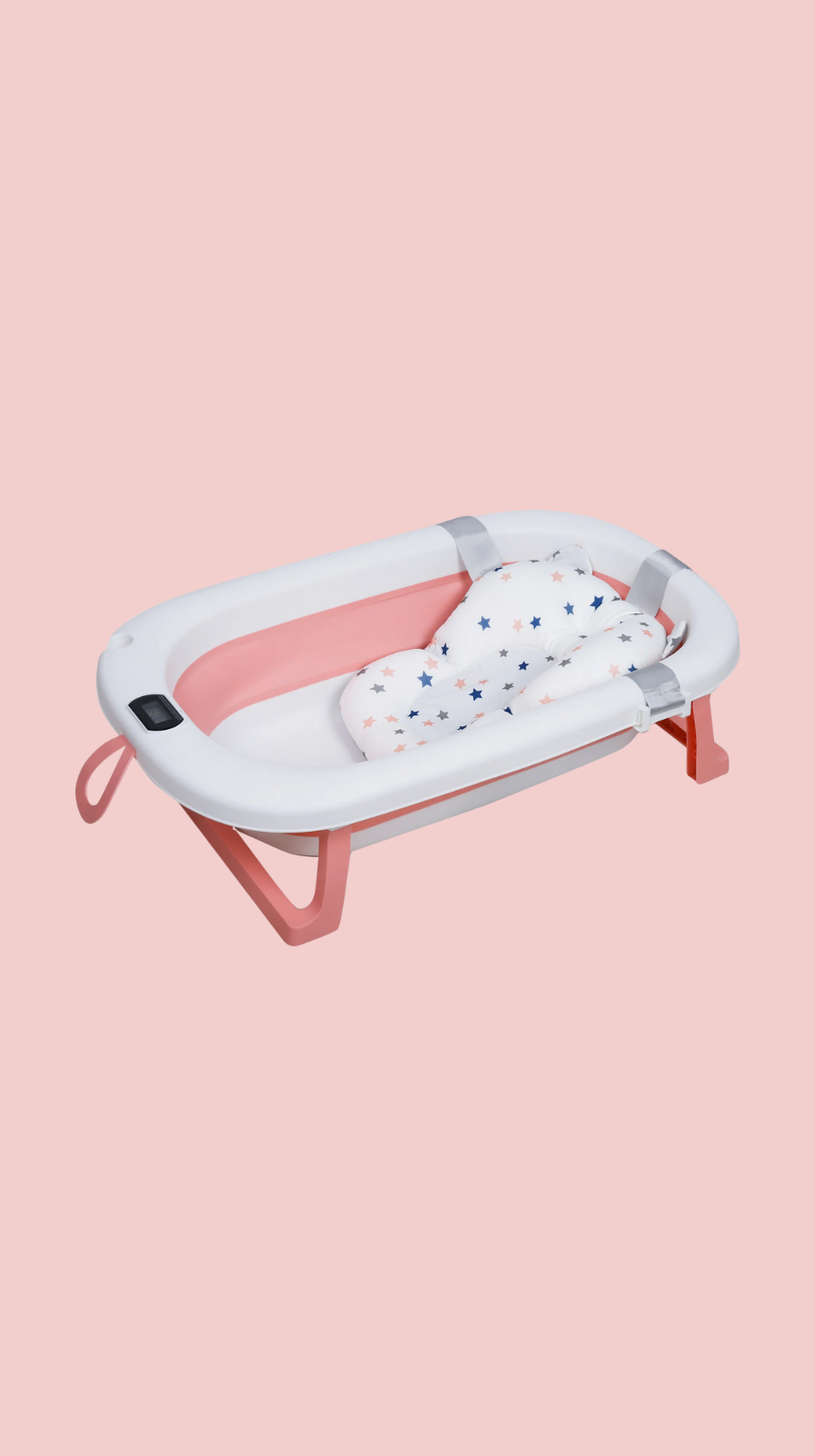 Baby bathtub with pink stand on a light pink background