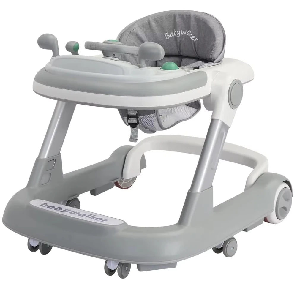 Baby walker with gray and white design on a white background