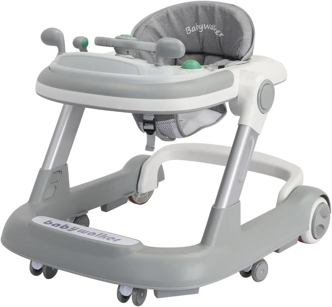 Baby walker with gray and white design on a white background