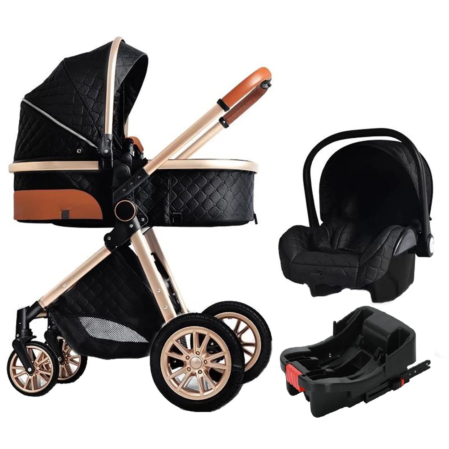Black and beige stroller with car seat and base on a white background