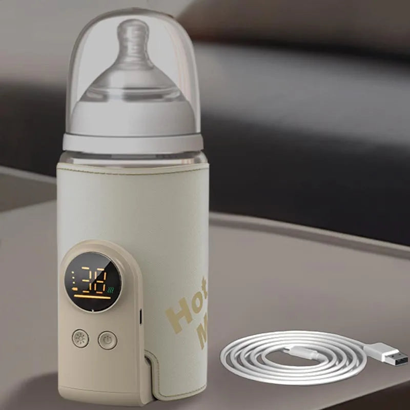 Baby bottle warmer with digital display and USB cable on a neutral background