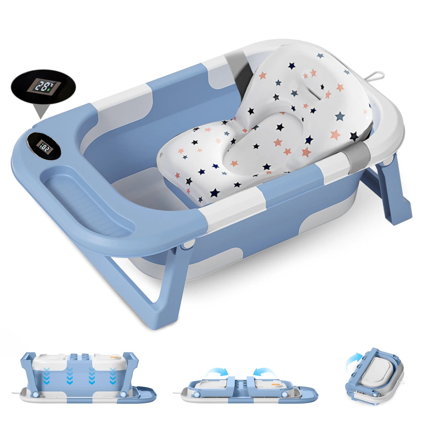 Baby bathtub with star-patterned seat and digital temperature display on a white background