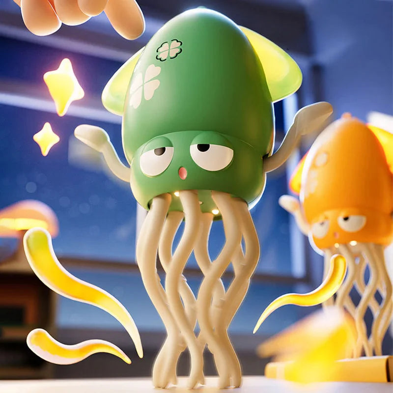 Green plush toy with tentacles on a blurred indoor background