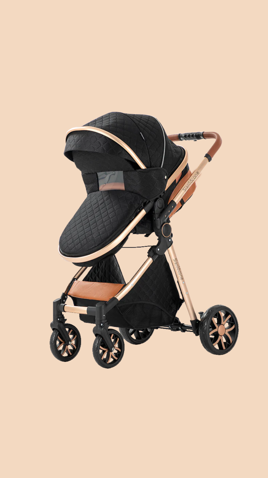 Black and beige stroller on a beige background