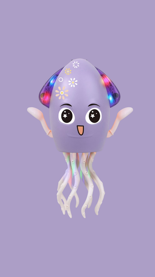 Toy jellyfish with LED lights on a purple background