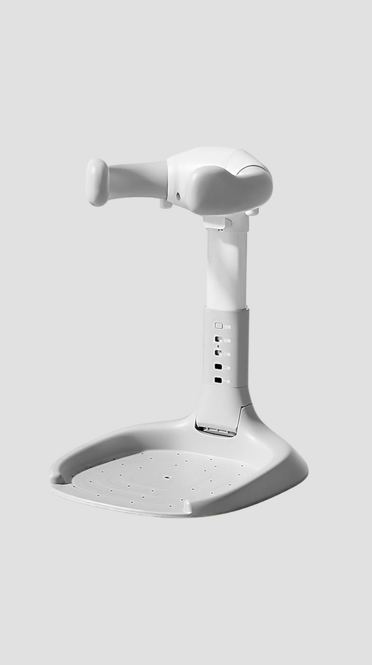White baby bathstand shower head on a light gray background
