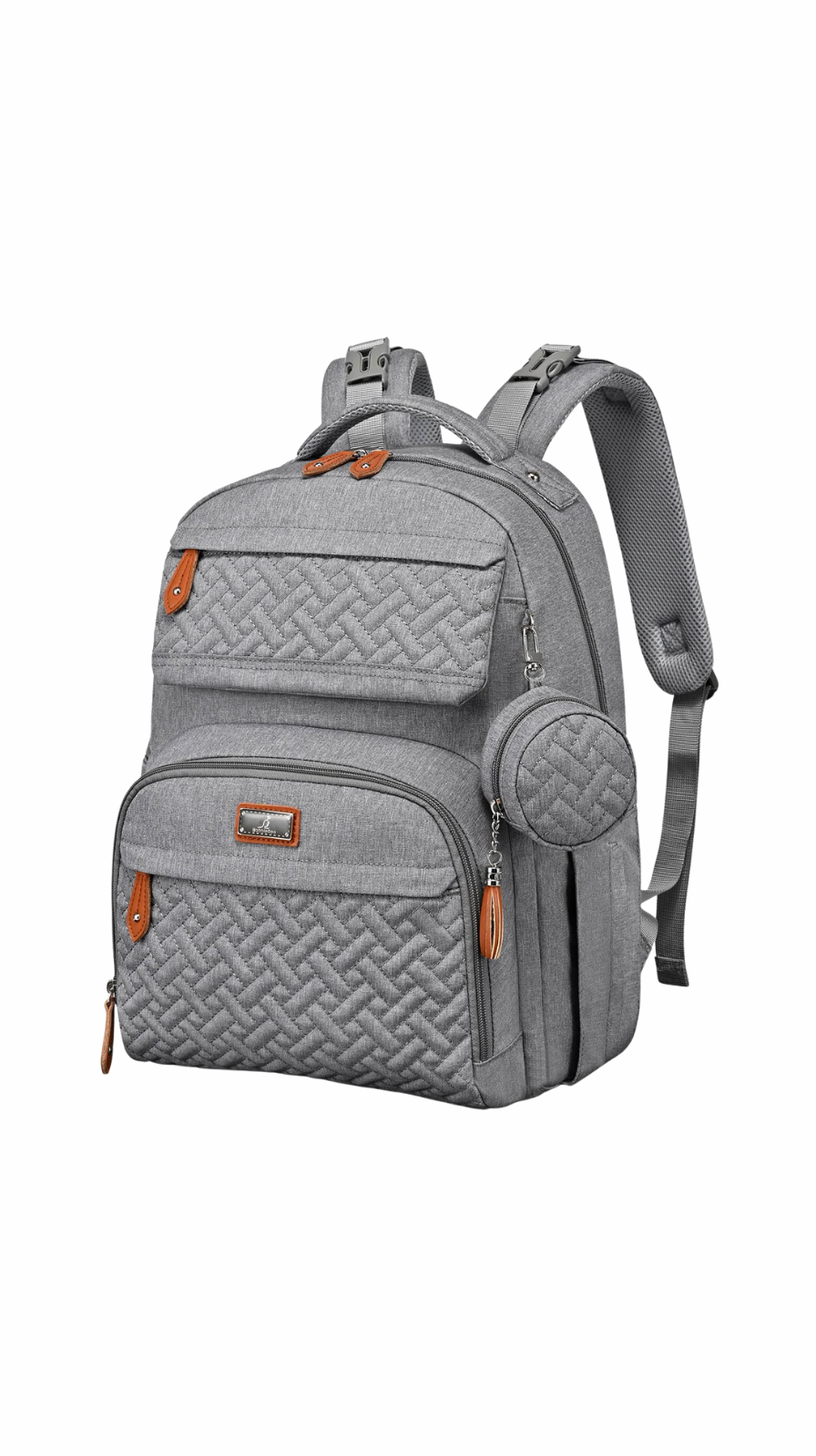 Gray diaper backpack with quilted design on a white background