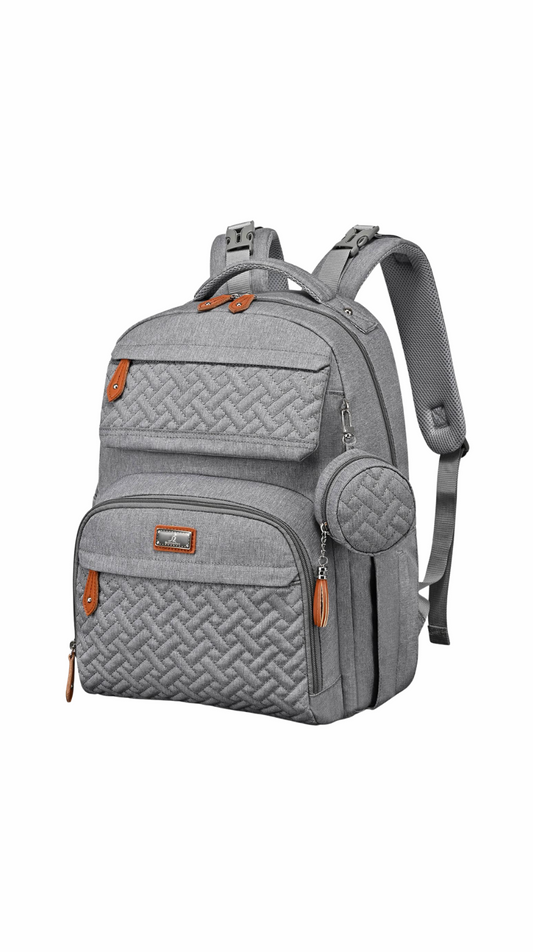 Gray diaper backpack with quilted design on a white background
