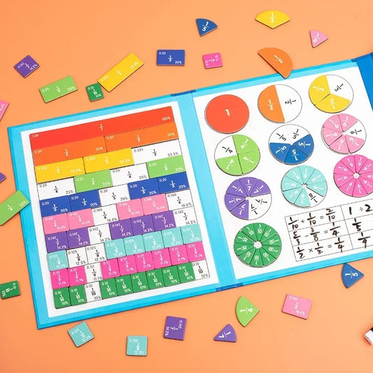 Mathematics educational materials with colorful fraction pieces on an orange background