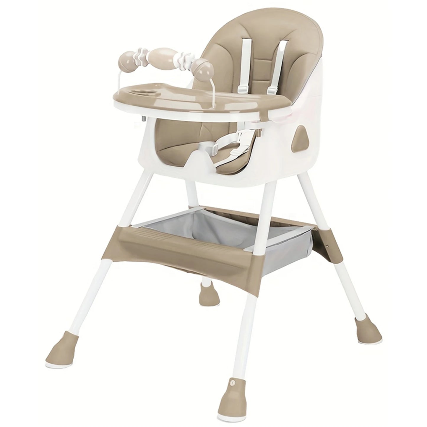 Beige and white high chair with tray on a white background