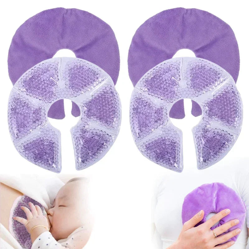 Purple gel packs for eye, neck, and body on a white background