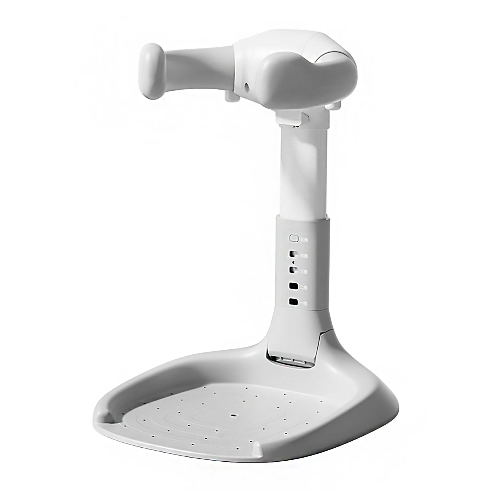 White handheld shower head with adjustable arm on a white background